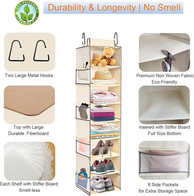 Large-Sized Hanging Shoe Organizer 8-Shelf, Hanging Closet Organizer with 8 Side Pockets, Wider Hanging Shelves for Storage Shoes Clothes 9" W × 11.8" D× 48" H, Beige. - Image 5