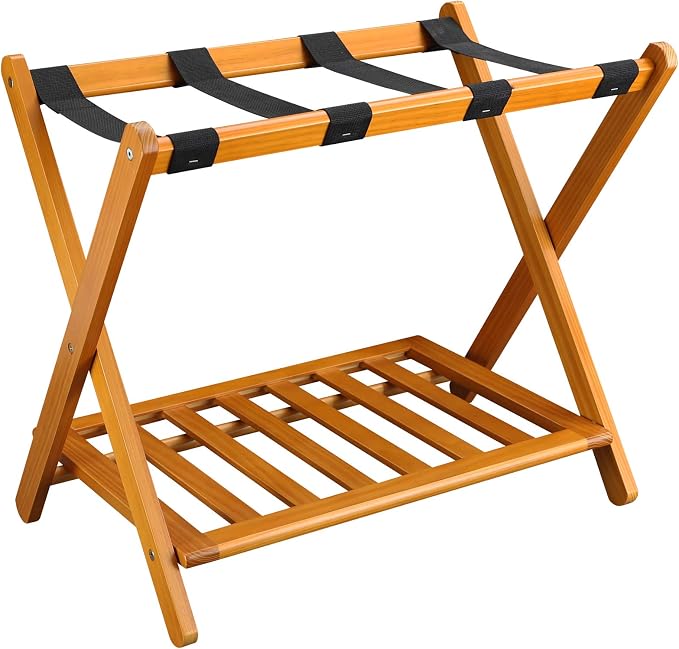 Casual Home Foldable Solid Wood Fully-Assembled Luggage Rack, 26.75"Wide with Shelf, Honey Oak by CasualHome