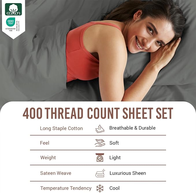 Pizuna Pure 100% Cotton Queen Size Sheet Set Dark Grey, Luxurious 400 Thread Count Long Staple Cotton Sateen Sheets with 15" Deep 2 Extra Pillowcase (Combed Cotton Bed Sheet Set) - Image 2