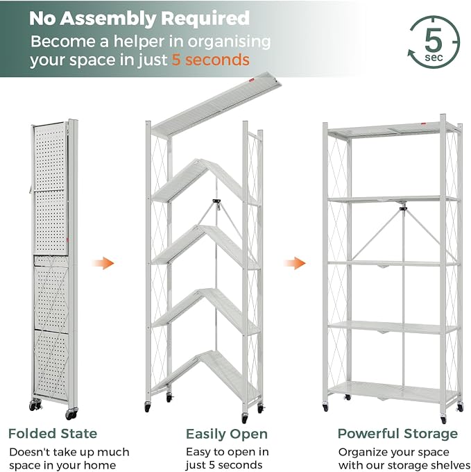 DEANIC 5 Tier Foldable Storage Shelves with Wheels, Large Capacity Shelving Unit, Freestanding Metal Wire Shelf Rack, No Assembly Organizer Rack for Garage Kitchen, Basement, Pantry Gray,4 Pack - Image 4