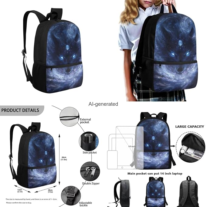 Galaxy Wolf Backpack for Boys Girls Backpack with Lunch Box Water Bottle Carrier with Strap and Pencil Case Pouch 4PCS Set Bookbag with Front Pocket for School 17" Sturdy School Bag for Kids - Image 3