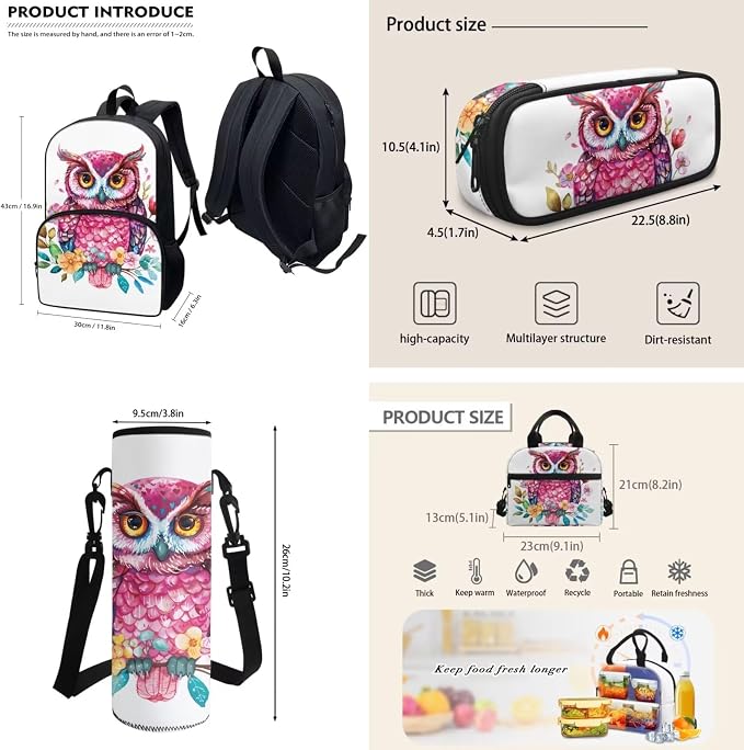 4Pcs Kids Backpack Students Schoolbag Set Colorful Owl School Backpack with Lunch Bag Water Bottle Holder Bag Pencil Case for Boys Girl Back to School - Image 3
