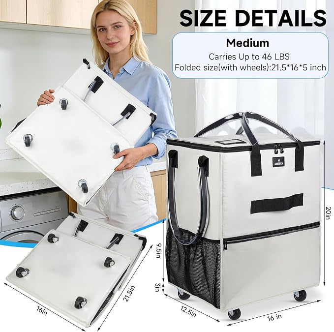 Reusable Grocery Bag On Wheels, 70L Foldable Rolling Tote Bag with 6 Pockets & 3-Way Carry, Heavy Duty Handle, Zippered Top for Grocery, Laundry, Storage, Collapsible Shopping Trolley, Medium, Beige - Image 2