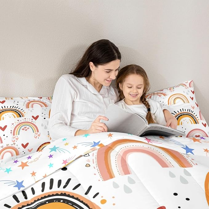Rainbow Comforter Set Twin For Girls, Red Love Heart Kawaii Bedding Set Bohemian Exotic Quilt Hand Drawn Iridescent Down Comforter For Kids Boys Children Teens Women Bedroom Decor, Colorful - Image 5