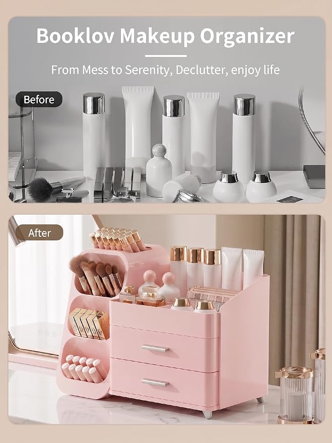 Booklov Large Makeup Organizer for Vanity and Bathroom Countertop, Pink | Plastic Cosmetic Display Case with Drawers, Beauty Brush Holder for Dresser Counter Skin Care Eyeshadow Lipstick Storage - Image 7