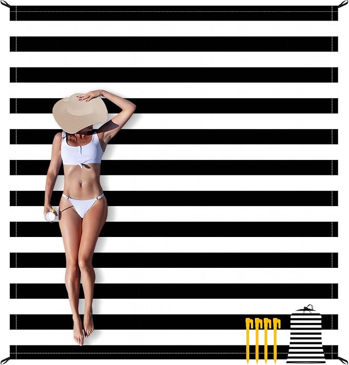 ADecor Waterproof Beach Blanket, Black & White Stripe Sand Free Beach Mat, Large 78''×86'' Foldable Compact Beach Blanket for 1-4 Adults with Stakes, Beach Vacation Essential Accessory Must Haves by WelcometoADecor