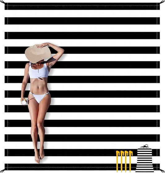 ADecor Waterproof Beach Blanket, Black & White Stripe Sand Free Beach Mat, Large 78''×86'' Foldable Compact Beach Blanket for 1-4 Adults with Stakes, Beach Vacation Essential Accessory Must Haves by WelcometoADecor