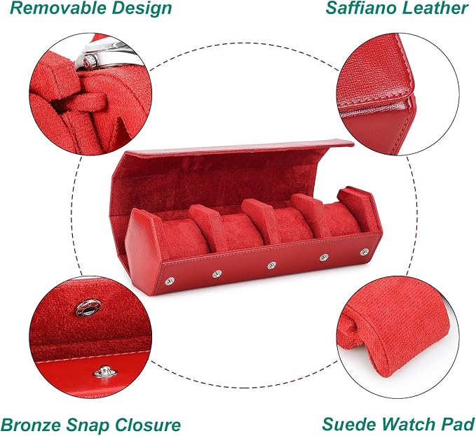 Hiram Saffiano Leather Watch Storage Box Handmade Single Travel Watch Case with Removable Suede Watch Pad Scratch-Resistant & Waterproof Bronze Snap Closure Red - Image 3