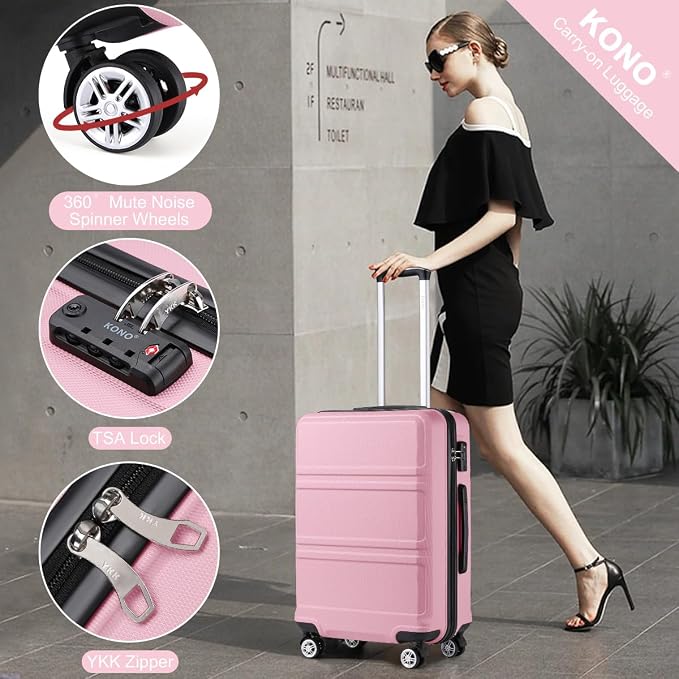 Kono 24 Inch Luggage Suitcase with Spinner Wheels TSA Lock | Lightweight PC+ABS Hardside Medium Checked Luggage Durable Rolling Suitcase Pink - Image 4