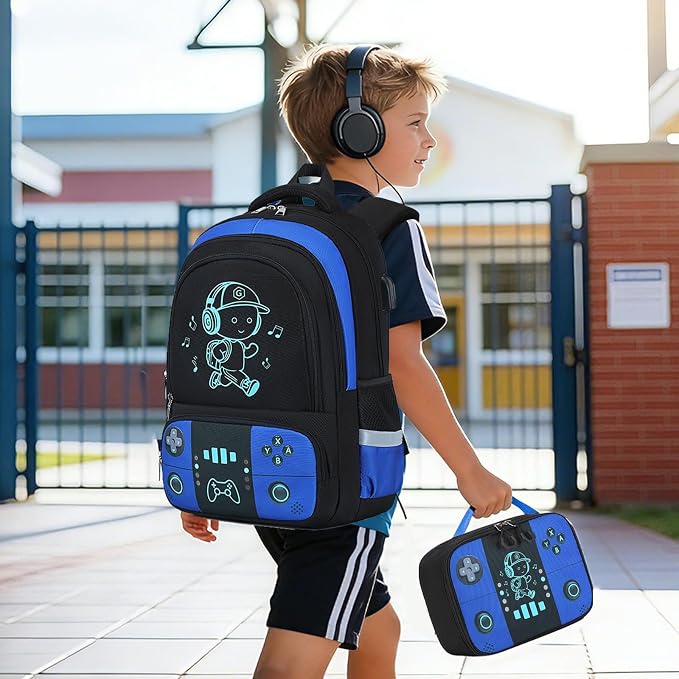 Bevalsa Backpack for School Boys, Cool Luminous Gamer Boys Schoolbag with Lunch Box & Pencil Case Set for Kids Teens Elementary Middle School, Bookbag Glow In The Dark(Blue School Backpack) - Image 8