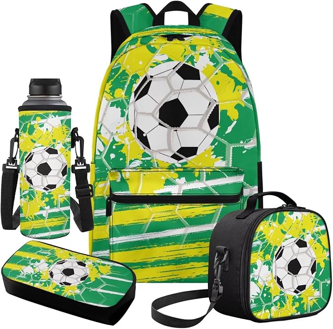 4Pcs Football Backpack for Boys with Lunch Box 8-10 Boys Bookbag with Pencil Case Water Bottle Sleeve Preschool Elementary Student Teens Kids School Bookbag Set - Image 2