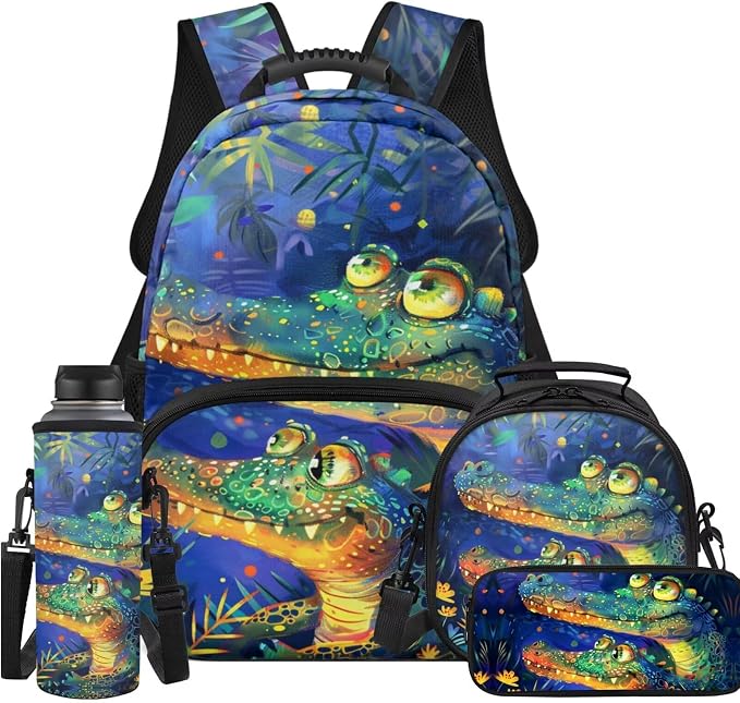 Cute Crocodile Kids Backpack Set of 4 with Lunch Bags Box Pencil Pouch For Boys Age 6-10 4Th 5Th 6Th Grade Water Bottle Holder Preschool Kindergarten Primary School Cute Kawaii Bag 17 inch by Unknown