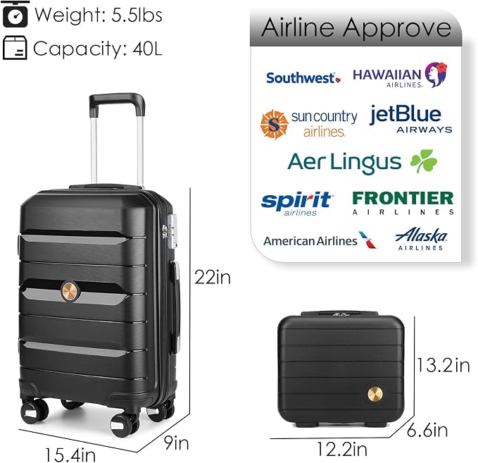 Somago 20 Inch Carry On Luggage Sets Hardside Suitcase with Double Spinner Wheels and TSA Lock YKK Zipper (Classic Black,14/20) - Image 6