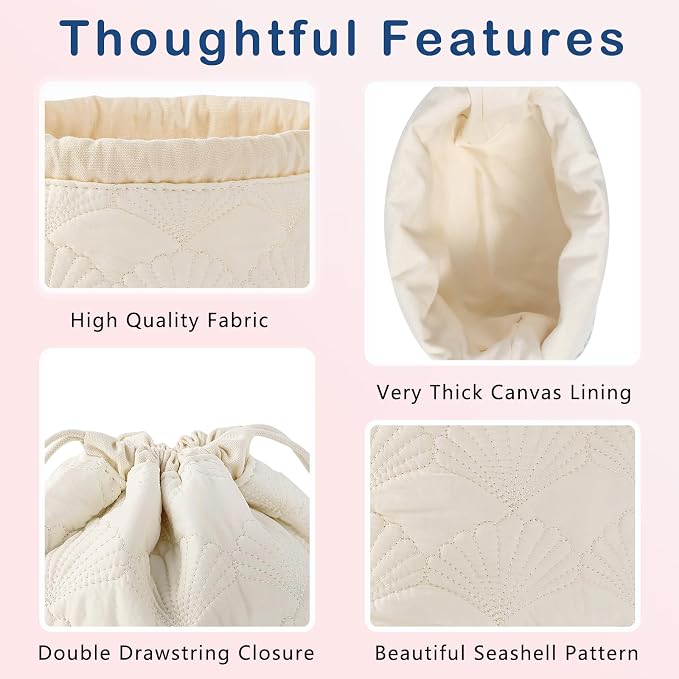 RSRSLEII Quilted Cotton Coquette Drawstring Makeup bag, Coastal Granddaughter Aesthetic Cosmetic Bag, Cute Seashell Portable Travel Toiletry Pouch (Drawstring White) - Image 3