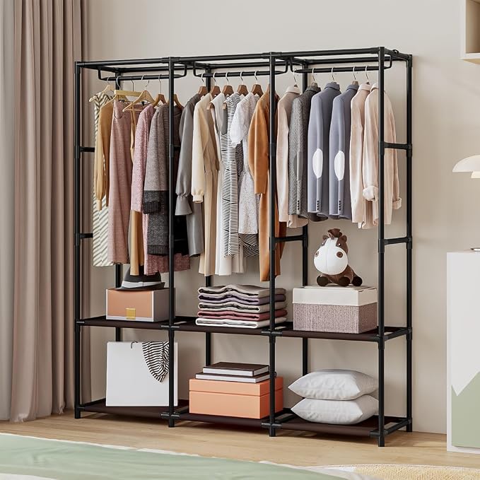 SORCEDAS Portable Closet Wardrobe Storage Organizer Metal Hanging Rack Non-Woven Fabric 50 Inch (Coffee) - Image 3