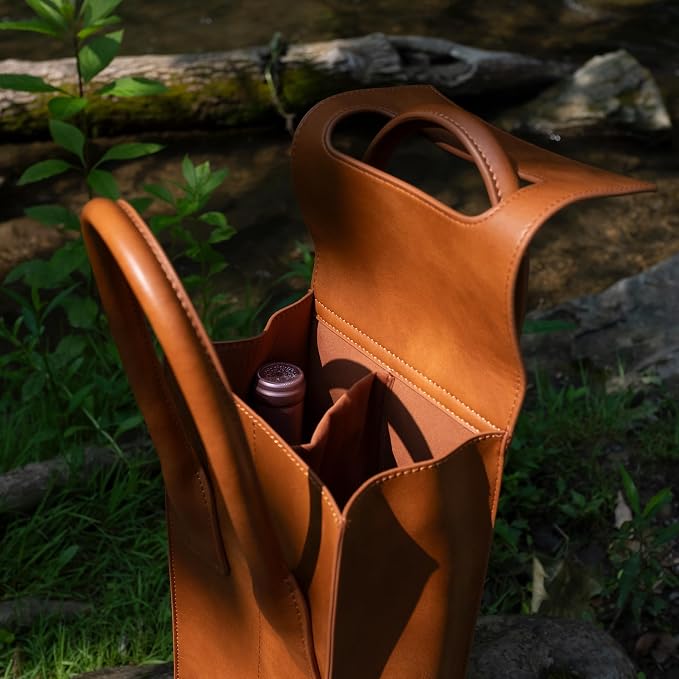 Wine Tote Carrier Bag | 2 Bottle - Vegan Leather, Soft Suede Interior Pouch with Divider - Great for Travel, BYOB, Wine Tastings, Parties, Gifts, Hygge - Image 7
