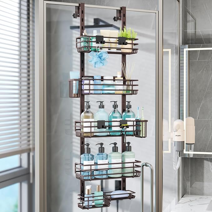 Consumest Over The Door Shower Caddy - 5 Tier Adjustable Shower Organizer Hanging with 2 Toothbrush Holders & 4 Hooks, Rustproof Organizer Shelf, Storage Rack for Bathroom, Bronze by Consumest