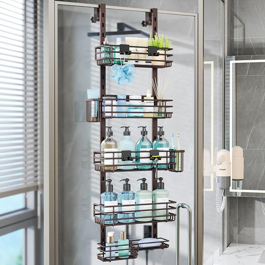 Consumest Over The Door Shower Caddy - 5 Tier Adjustable Shower Organizer Hanging with 2 Toothbrush Holders & 4 Hooks, Rustproof Organizer Shelf, Storage Rack for Bathroom, Bronze by Consumest