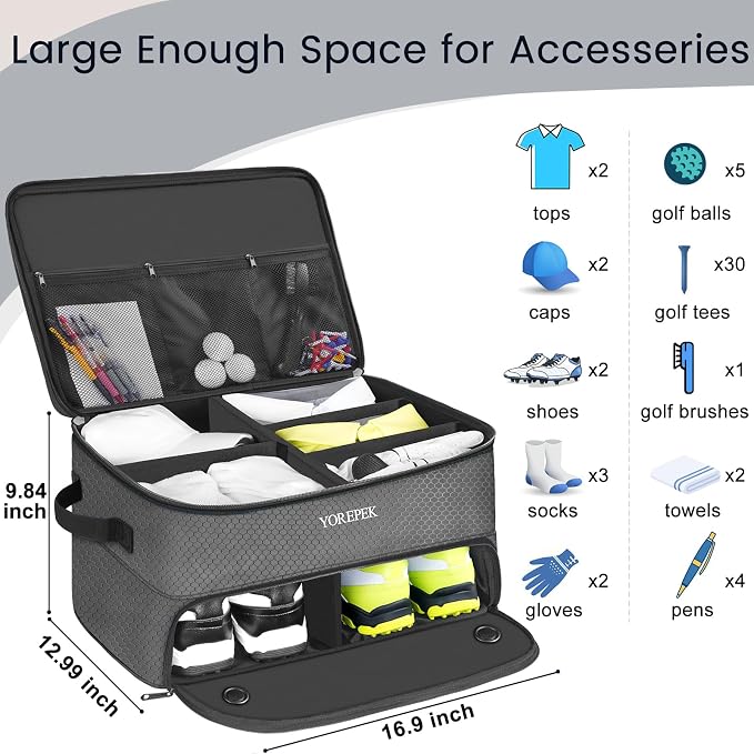 YOREPEK 2 Layer Golf Trunk Organizer, Golf Gifts for Men with Separate Ventilated Compartment for 2 Pair Shoes, Waterproof Car Trunk Locker for Balls, Tees, Clothes, Gloves, Gifts for Golfers - Image 5