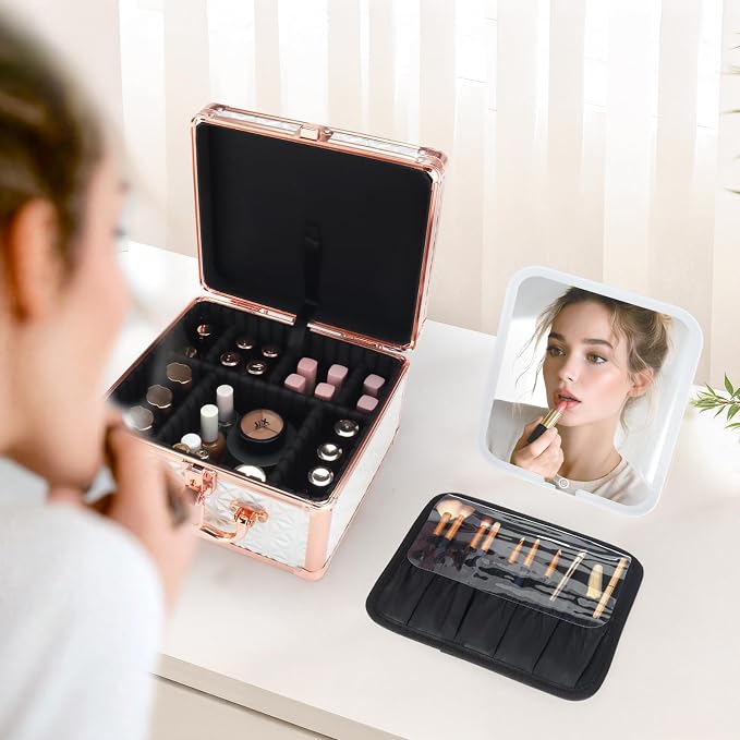 Makeup Case with LED Mirror, Portable Lockable Vanity Case, Travel Makeup Train Box for Women, Cosmetic Organizer, Detachable 3-Color Lighted Mirror, Adjustable Dividers, Brush Holder - Image 8