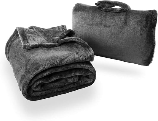 Cabeau Fold ‘n Go Travel and Throw Blanket Plus Compact Case - for Home and Travel - Doubles as Lumbar Pillow and Neck Support Pillow - French Microfiber Comfort - Charcoal by Cabeau