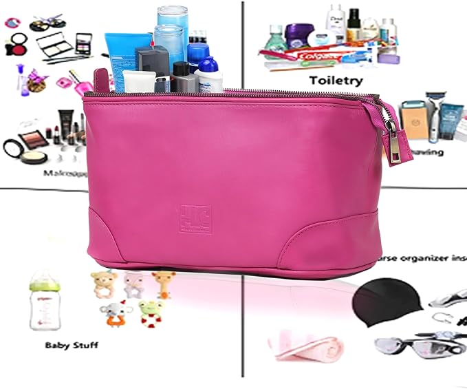 HLC Leather Toiletry Bag for Men Best Gift Premium Genuine Dopp Kit Shaving Kit Organizer Travel Kit Pouch Bag 10 inch Size (Pink) - Image 3