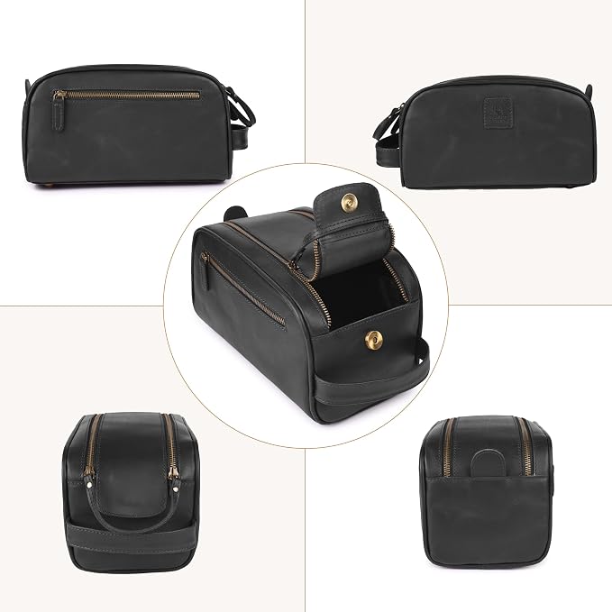 Full Grain Leather Toiletry Bag for Men & Women – Water-Resistant Travel Shaving Kit Organizer with YKK Zipper, Spacious Bathroom Grooming & Cosmetic Storage Case - Black - Image 6