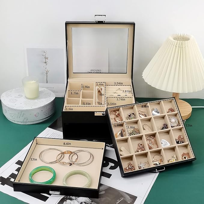 BOOVO Clear Lid Jewelry Box,3 Layers Jewelry Organizer Large Jewelry Storage Box with 2 Drawers,Jewelry Holder Organzier of Rings Earrings Necklace Bracelets for Women (Black, 3 Layer) - Image 3