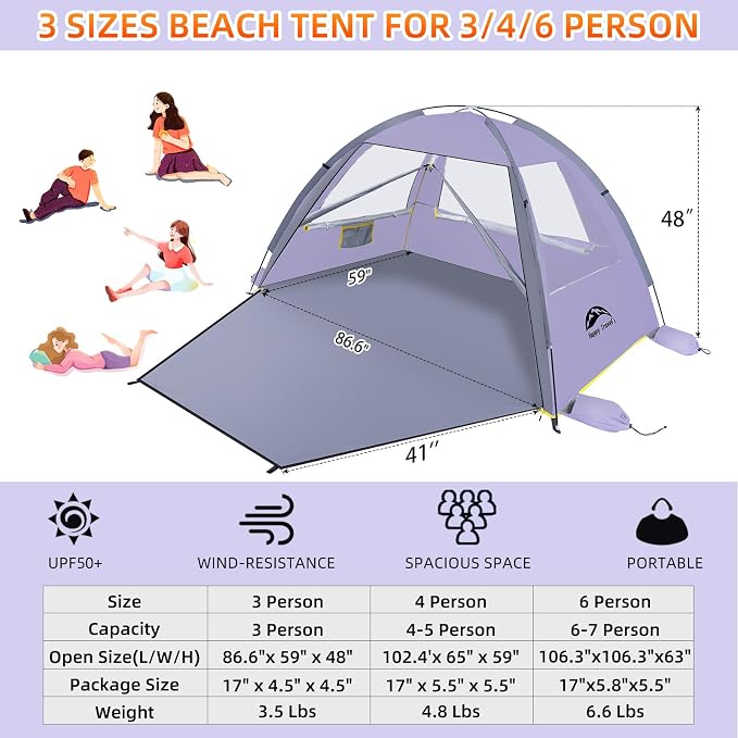 Happy Travel Beach Tent, UPF 50+ UV Protection Sun Shade Shelter for 3/4/5/6/7/8 Person, Portable Beach Canopy for Family & Baby, Lightweight & Easy Setup Beach Cabana with 3 Ventilation Mesh Windows - Image 2