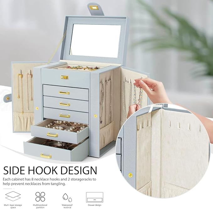 AKOZLIN 6-Tier Jewelry Box Organizer Functional 5 Drawers Leather Jewelry Storage Case for Women Girls Ring Necklace Earring Bracelet Holder Organizer with Mirror Grey Regular - Image 5