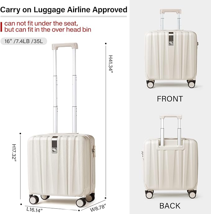 Hanke 16 Inch Underseat Carry On Luggage with Wheels, Small Hard Shell Weekender Suitcase, Travel Approved Lightweight Luggage for Women and Men, Birthday Gift - Ivory White - Image 3