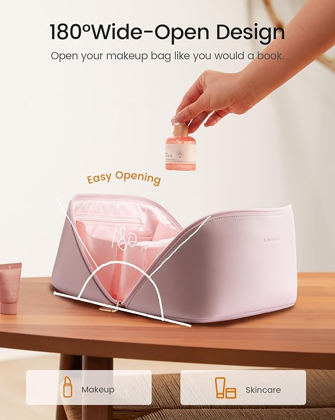 LOVEVOOK Travel Makeup Bag for Women, 2Pcs Large Capacity Cosmetic Organizer Bag, Waterproof PU Leather, Flat Open Portable Small Toiletry Pouch for Skincare, Brushes & Travel Essentials - Image 3