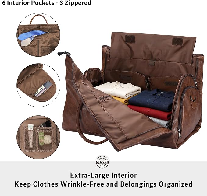 STOVER Garment Travel Duffle Bag, Large 2-in-1 Convertible Carry-on Luggage for Men & Women- Hanging Suits, Dresses & Clothes + Shoe Compartment- Weekender Tote Combo Duffel (Brown Leatherette) - Image 3