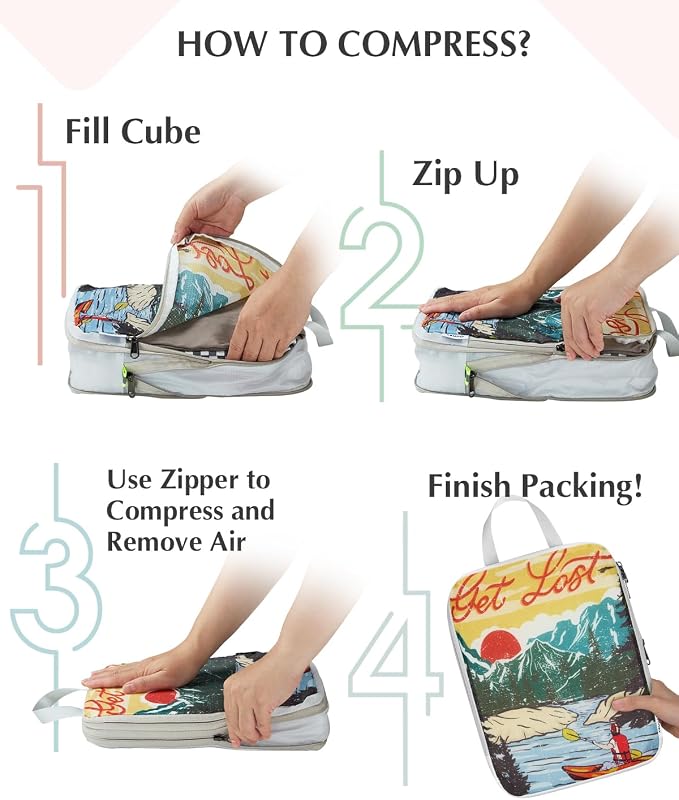 Gonex Compression Packing Cubes, 6pcs Expandable Storage Travel Luggage Bags Organizers with Shoe Bag Laundry Bag, Travel Cubes for Suitcase Carry On (Retro Mountains) - Image 7