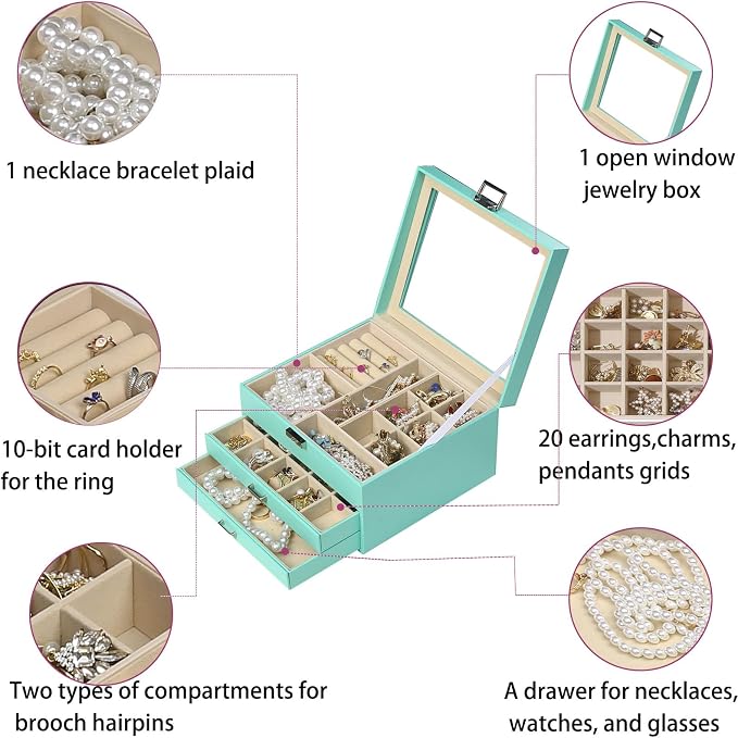 BOOVO Clear Lid Jewelry Box,3 Layers Jewelry Organizer Large Jewelry Storage Box with 2 Drawers,Jewelry Holder Organzier of Rings Earrings Necklace Bracelets for Women (Turquoise, 3 Layer) - Image 6