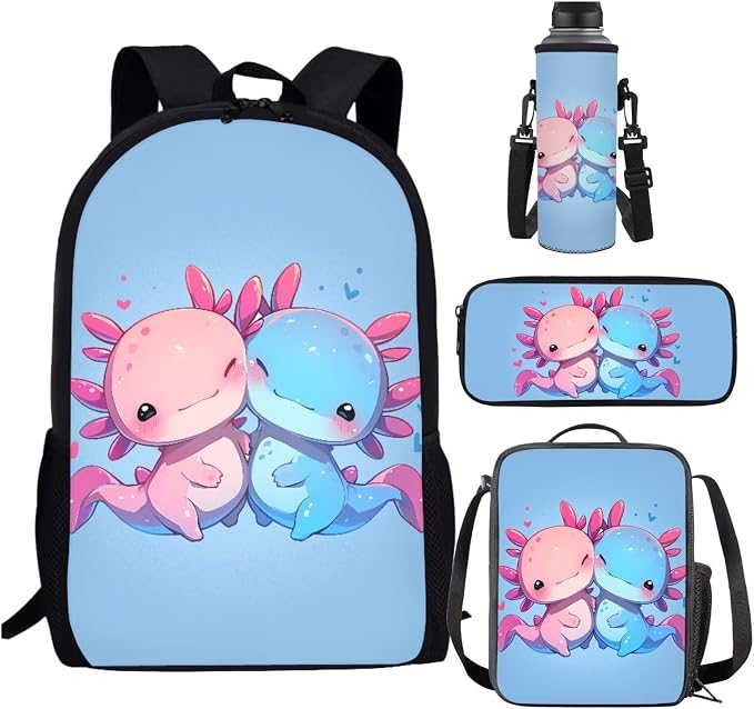Kawaii Axolotl School Backpack for Girls 10-12 with Lunch Box Salamander Kids Bookbag Lunchbox Elementary Student Book Bag for Girls 8-10/6-8 Lunch Bag Pencil Case Water Bottle Holder Set by SCRAWLGODDreamWardrobe