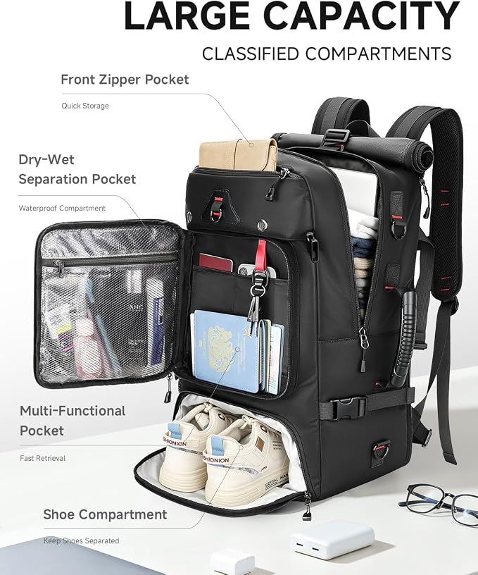 Travel Backpack for Men, 40L Carry on Backpack For Camping,Weekender Black | Large Carry On, Convertible Duffle Bag, Shoe Compartment, Fits 16 Inch Laptop, Durable - Image 3