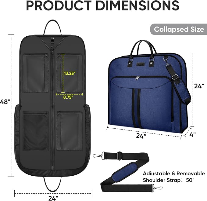 BALEINE Travel Garment Bag, Travel Suit Bag for Men, Water Resistant Carry on Garment Bag for Hanging Clothes, Garment Duffel Bag for Travel Business (Blue, 48") - Image 3