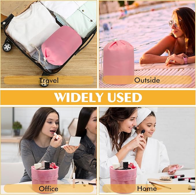 INVODA Drawstring Makeup Bag for Women Cosmetic Bag Large Travel Make up Bags Portable Barrel Toiletry Bag Toiletries Pouch Travel Cosmetic Organizer (Pink) - Image 9