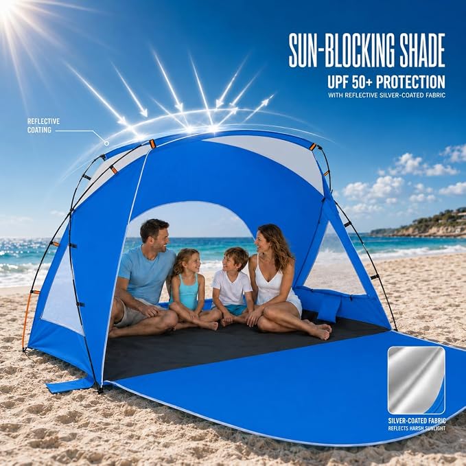 Beach Tent, Portable Sun Shelter for 2/3/4/6-8 Person with UPF 50+ UV Protection, Easy Setup Waterproof Beach Shade Canopy Cabana for Family Outdoor and Picnics, Fishing with Carrying Bag - Image 2