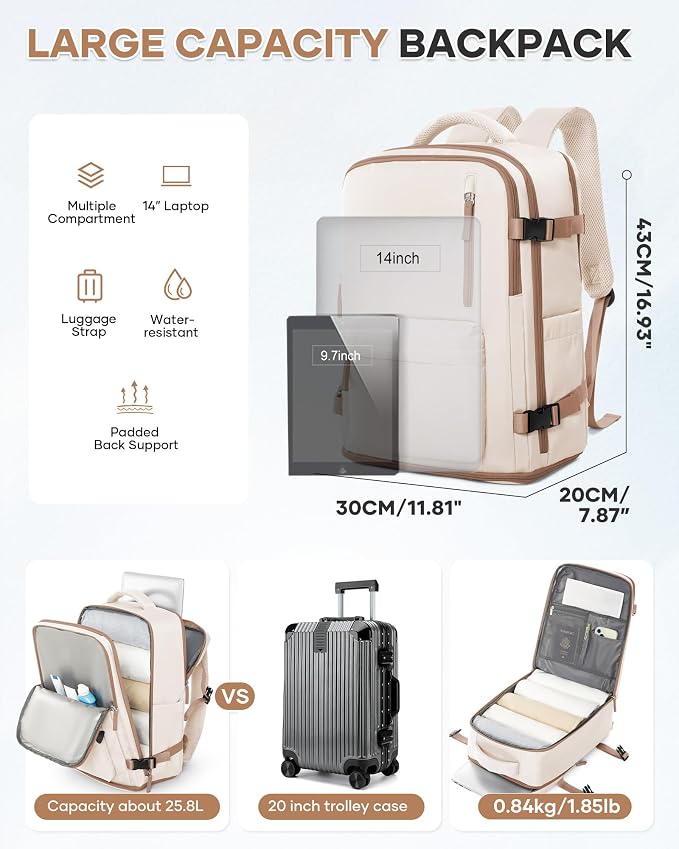 WONHOX Travel Backpack Women, Carry On Backpack for Men, Hiking Laptop Backpack Waterproof Outdoor Sports Rucksack Casual Daypack, Beige Brown - Image 4