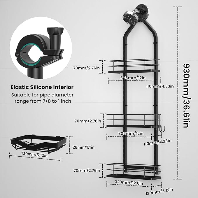 Shower Caddy Hanging (Black), Adjustable Anti-Swing-Over The Shower Head Caddy, 3 Tier Height Bathroom Storage Organizer, Bathroom Shelves Basket Rack, Shower Caddies Rack with Adjustable Soap Basket - Image 4