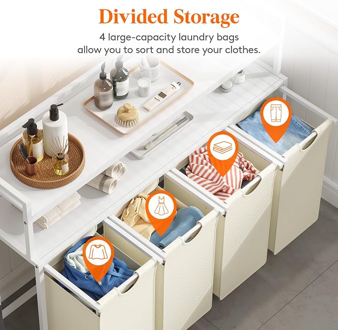 Lifewit Laundry Hamper 4 Section, 168L Pull out Laundry Clothes Basket Organizer with Large Top Shelf and 4 Removable Bags and Handles for Laundry Room Bedroom Bathroom, White with Shelves - Image 2