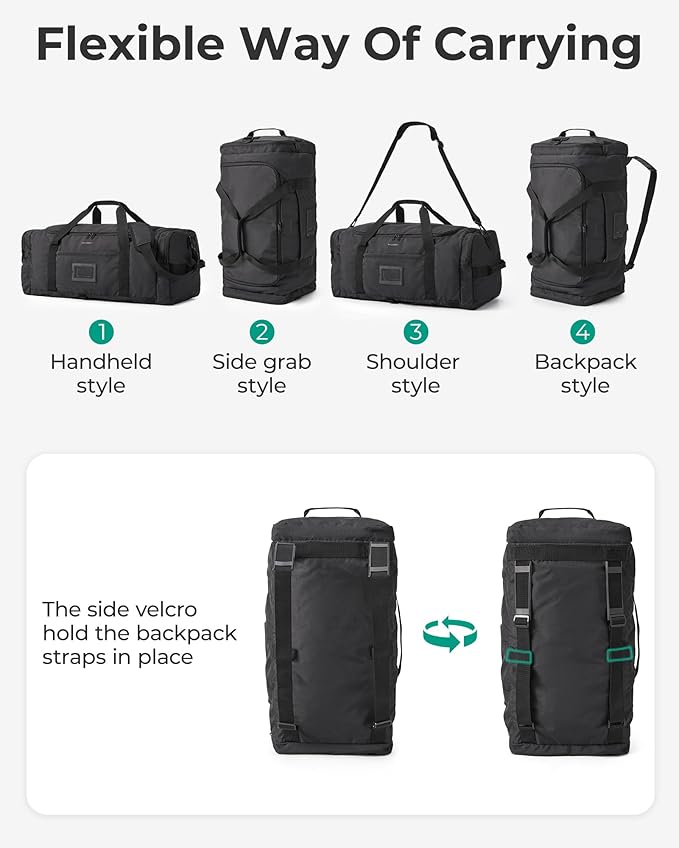 BAGSAMRT 60L Foldable Duffle Bag for Travel, Large Travel Duffel Bag for Men, 4 in 1 Travel Backpack, Carry on Weekender Bag, Gray