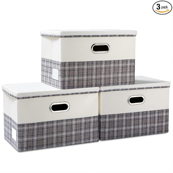PRANDOM Large Collapsible Storage Bins with Lids [3-Pack] Fabric Foldable Storage Boxes Organizer Containers Baskets Cube with Cover for Home Bedroom Closet Office Gray plaid & Cream(17.7x11.8x11.8) by Prandom