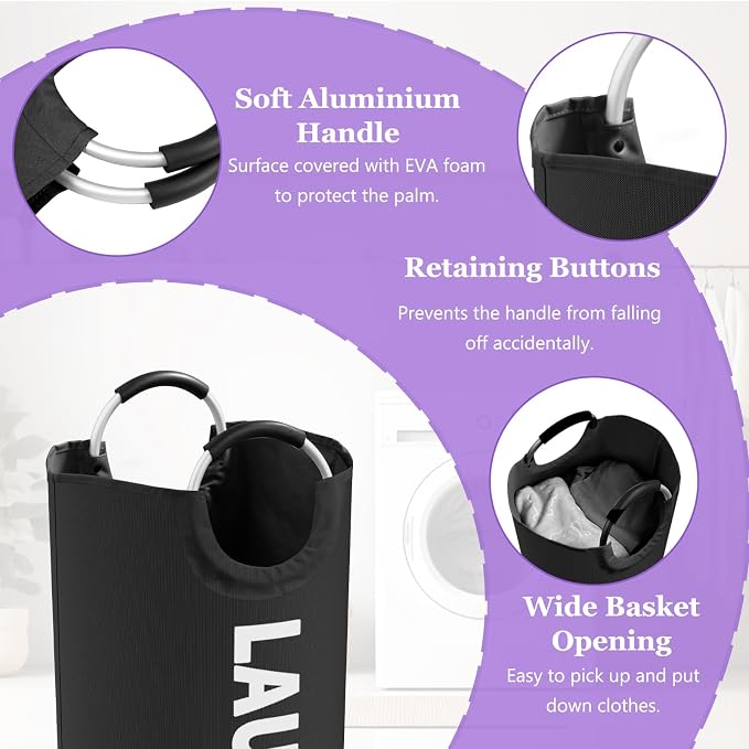 95L Large Laundry Hamper for Adult, Foldable Black Laundry Basket with Soft Handles, Freestanding Dirty Clothes Hampers, Portable Laundry Bin for Flat, Bathroom, Black - Image 5