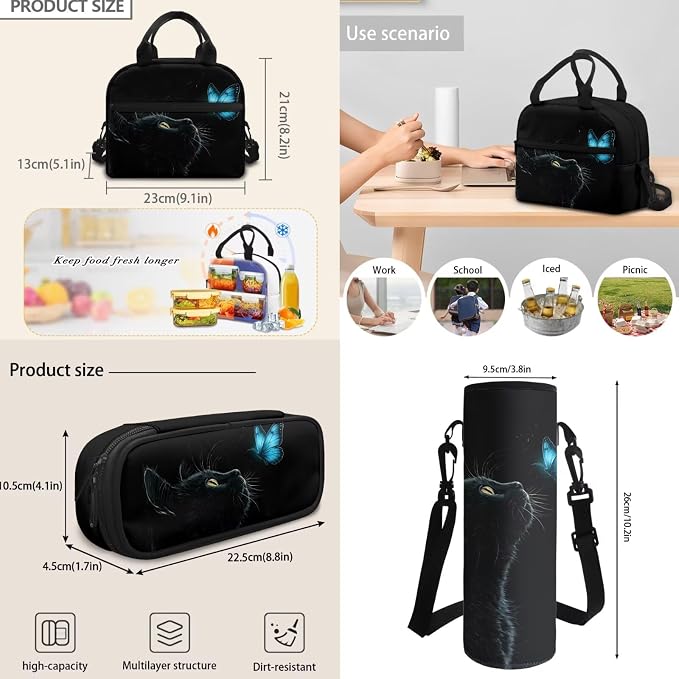 Black Cat Blue Butterfly Girls School Backpack Bookbag for Kids Student Backpack Schoolbag Daypack Insulated Lunch Tote Bag Water Bottle Pen Pouch Pencil Case School Book Bag for Girls Teens - Image 6