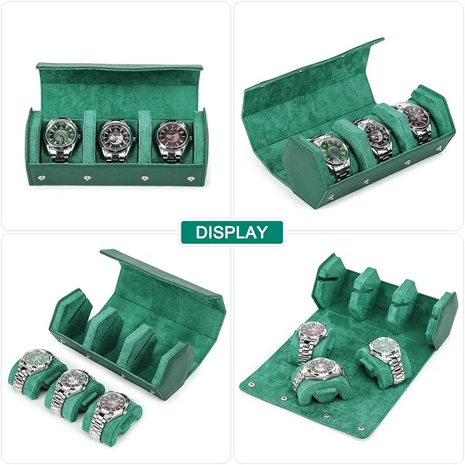 Hiram Genuine Leather Hexagon Watch Roll Travel Case, Leather 3-Watches Roll Case with Removable Pillow Cushion for Treasured Watches and Bracelets -Green - Image 6