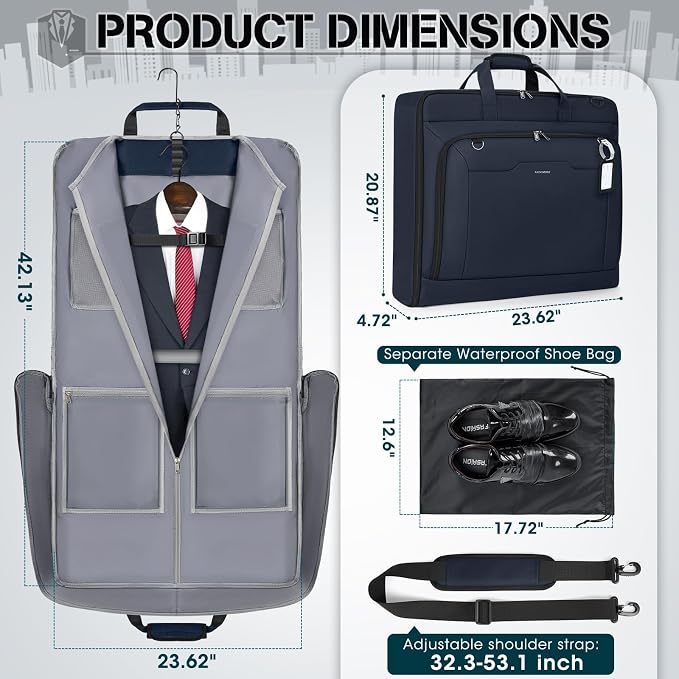 RAINSMORE Garment Bags for Travel Carry On Garment Bag for Hanging Clothes, Suit Bag for Business Trips with Shoes bag & Shoulder Strap, Waterproof Foldable Suit Luggage Bag for Men Women, Blue - Image 4