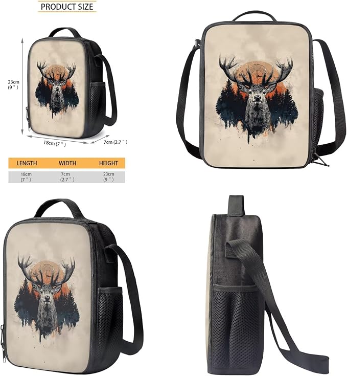 Vintage Deer Forest Print Durable Backpack Set for Boys and Girls, Large Lightweight Schoolbag Set with Lunch Bag Pen Bag, Suitable for Elementary and Middle School Students, Beige - Image 6